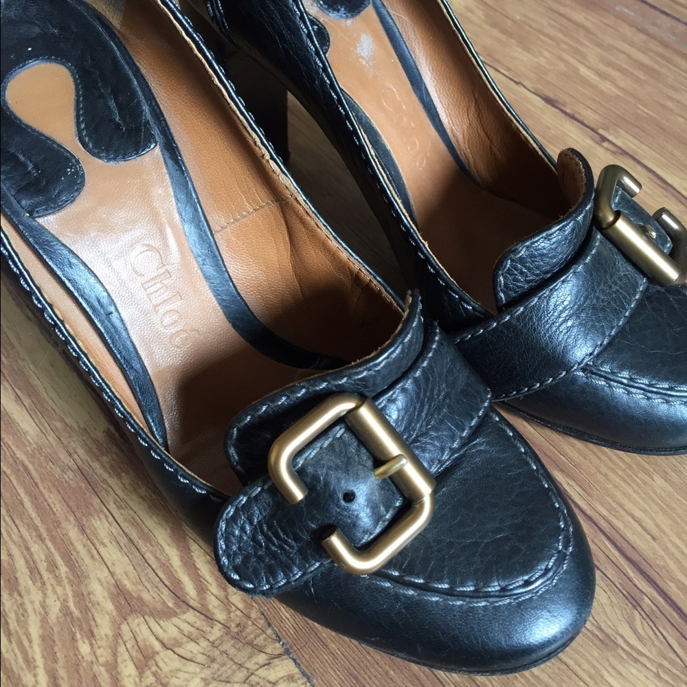 Chloe Black Leather Heels with Gold Buckle